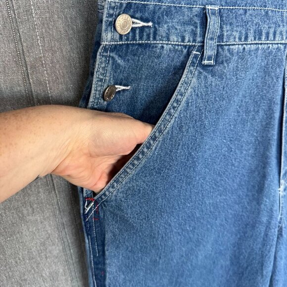 90s Vintage Revolt Blue Denim Rainbow Trim Straight Leg  Utility Overalls Size L - Picture 6 of 16